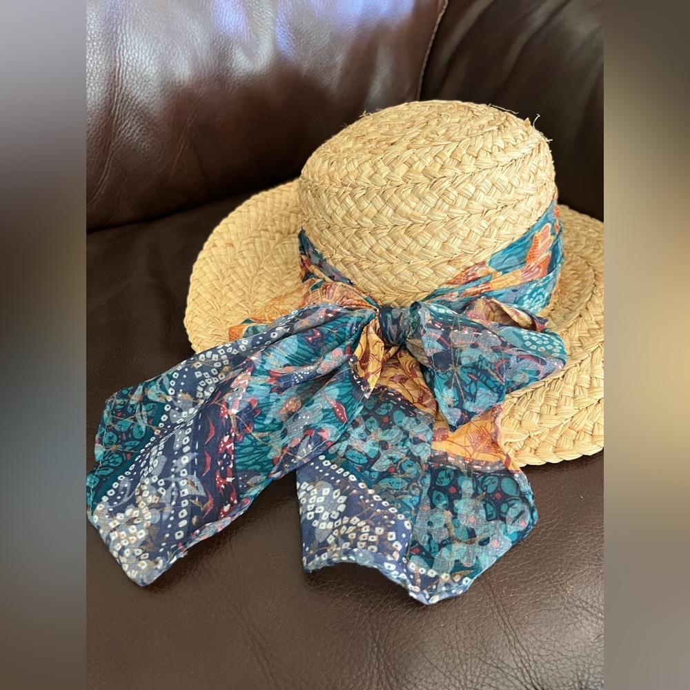Capelli of New York Tan and Blue Straw Hat with Paisley Scarf